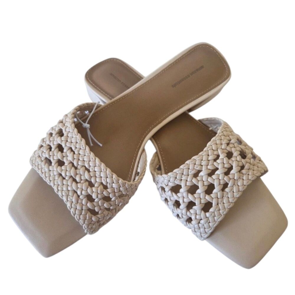 Amazon Essentials Beige Crochet Slip-On Strappy Block Sandals Women's Size 8